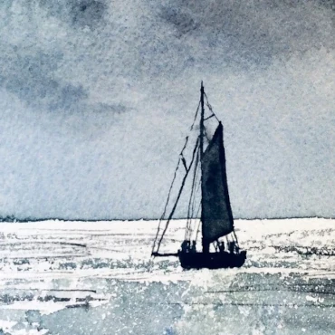 Watercolour painting of a sailboat on the sea