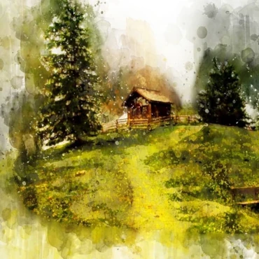 Watercolour painting of a forrest landscape with a cottage