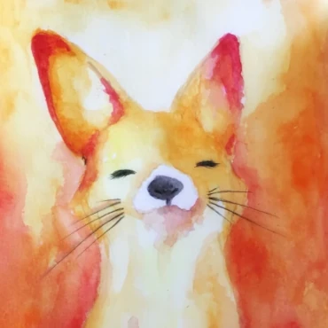 Watercolour portrait of smiling fox on an orange and yellow background