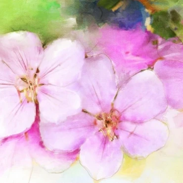 Watercolour painting of pink flowers on green and yellow background